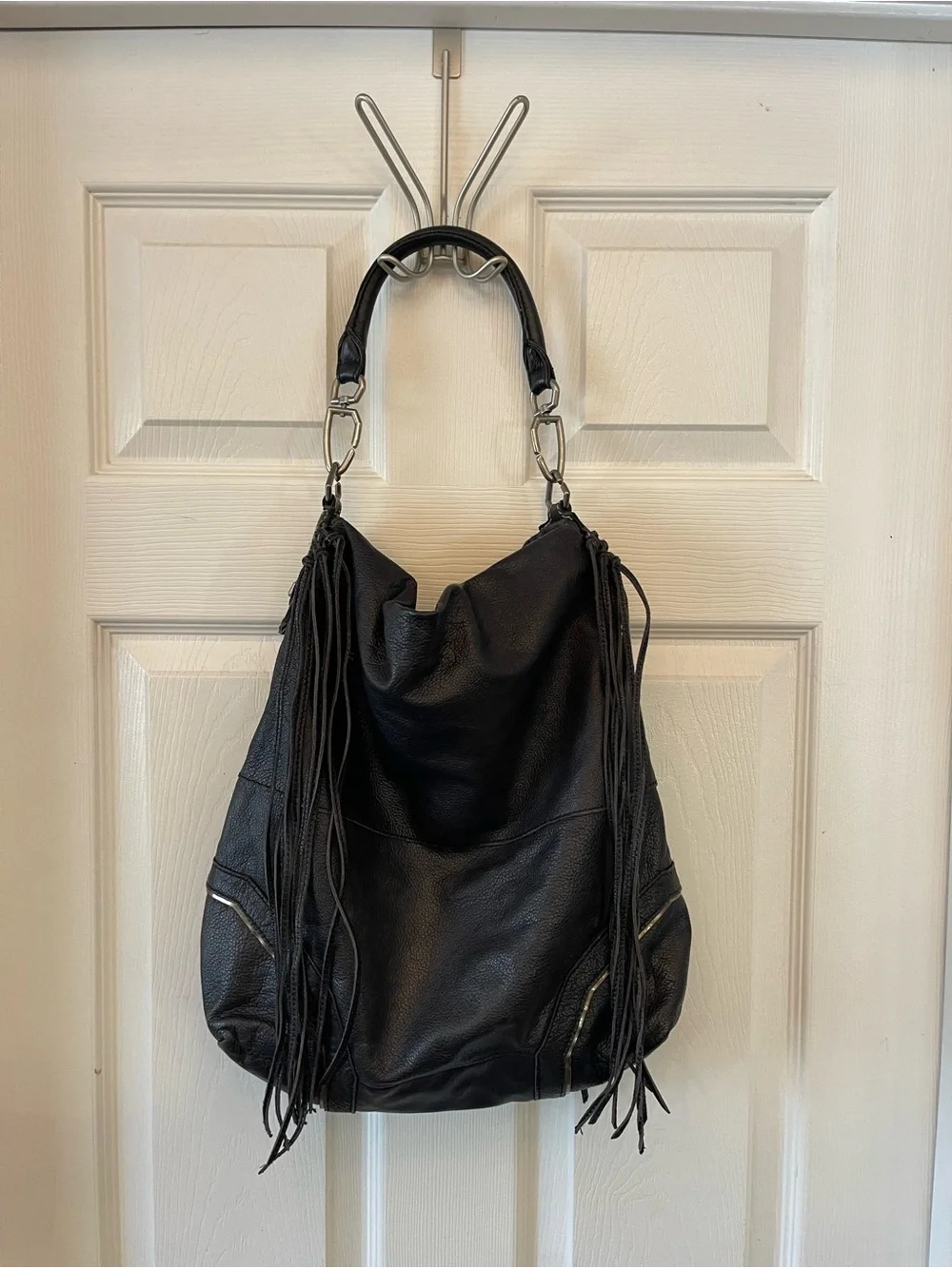 Liebeskind Black Leather Fringe Large Hobo with Silver Hardware